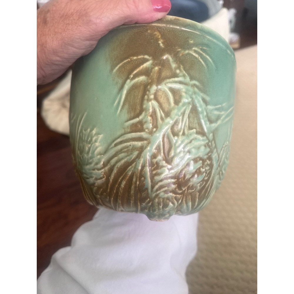 Vintage Seafoam Green Bamboo Relief Ceramic Planter Footed Tripod Pot MCM - Picture 5 of 5